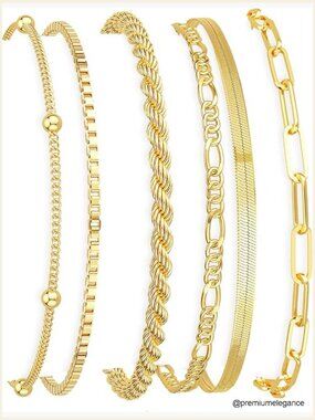 14K Gold Plated Thin Stackable Bracelets Set with Extender